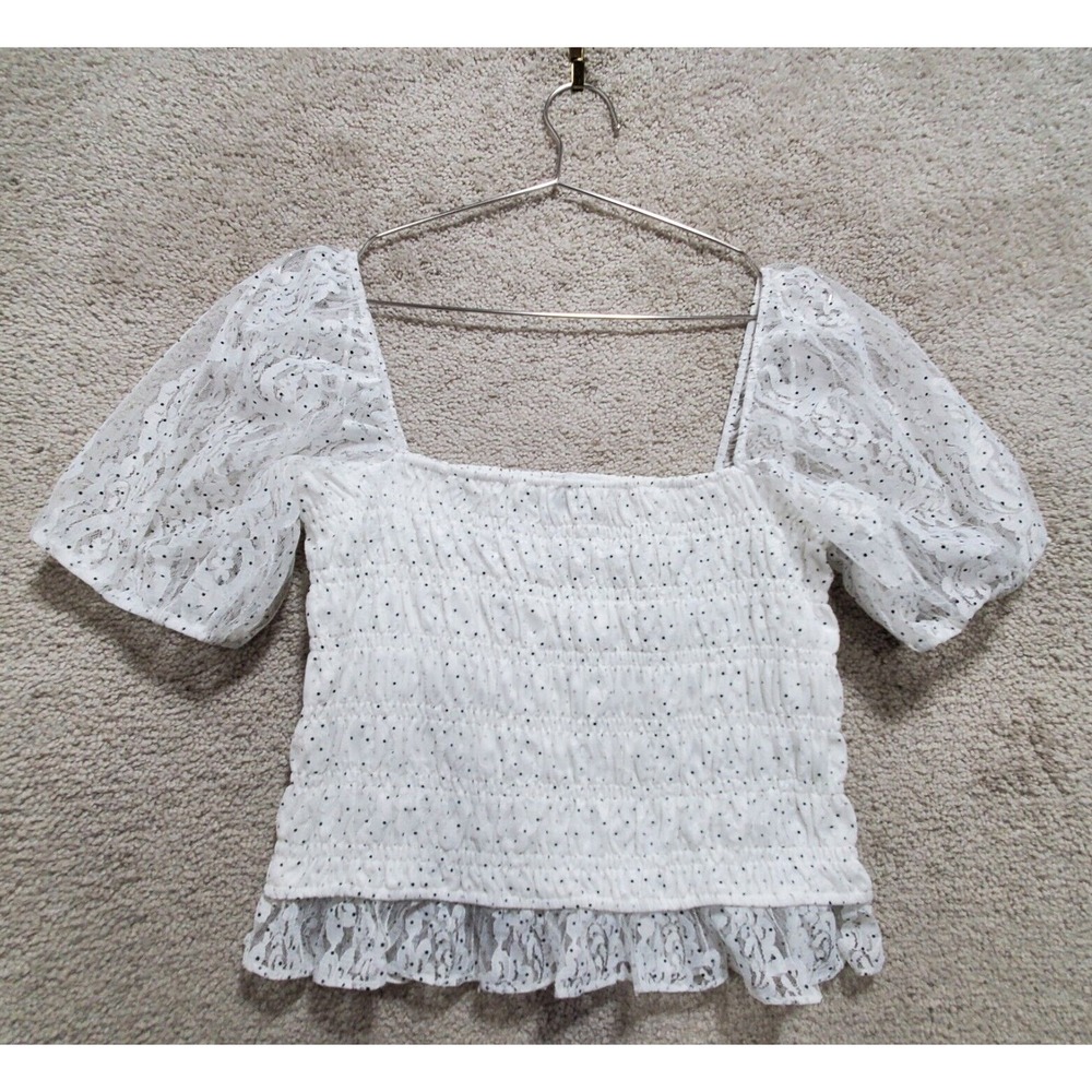 NSR Blouse Top Women's Large White Polka Dot Lined Cropped Lace‎ Puff Shoulder